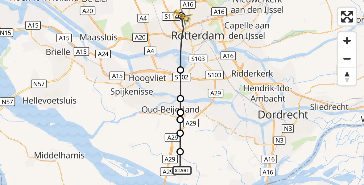 Vluchtroute Traumahelikopter Numansdorp - Rotterdam The Hague Airport, 02 september 2026, 16:46