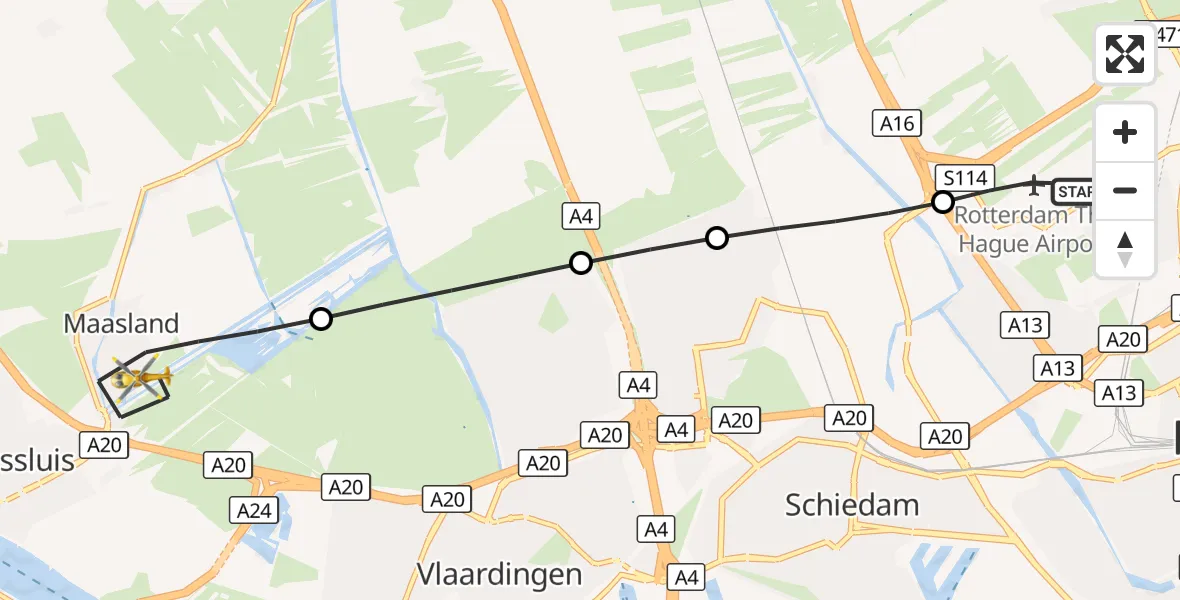 Vluchtroute Traumahelikopter Rotterdam The Hague Airport - Maasland, 02 september 2026, 17:49