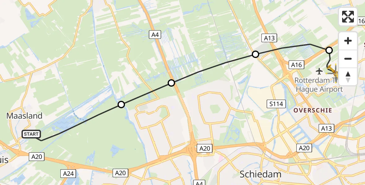Vluchtroute Traumahelikopter Maasland - Rotterdam The Hague Airport, 02 september 2026, 18:15
