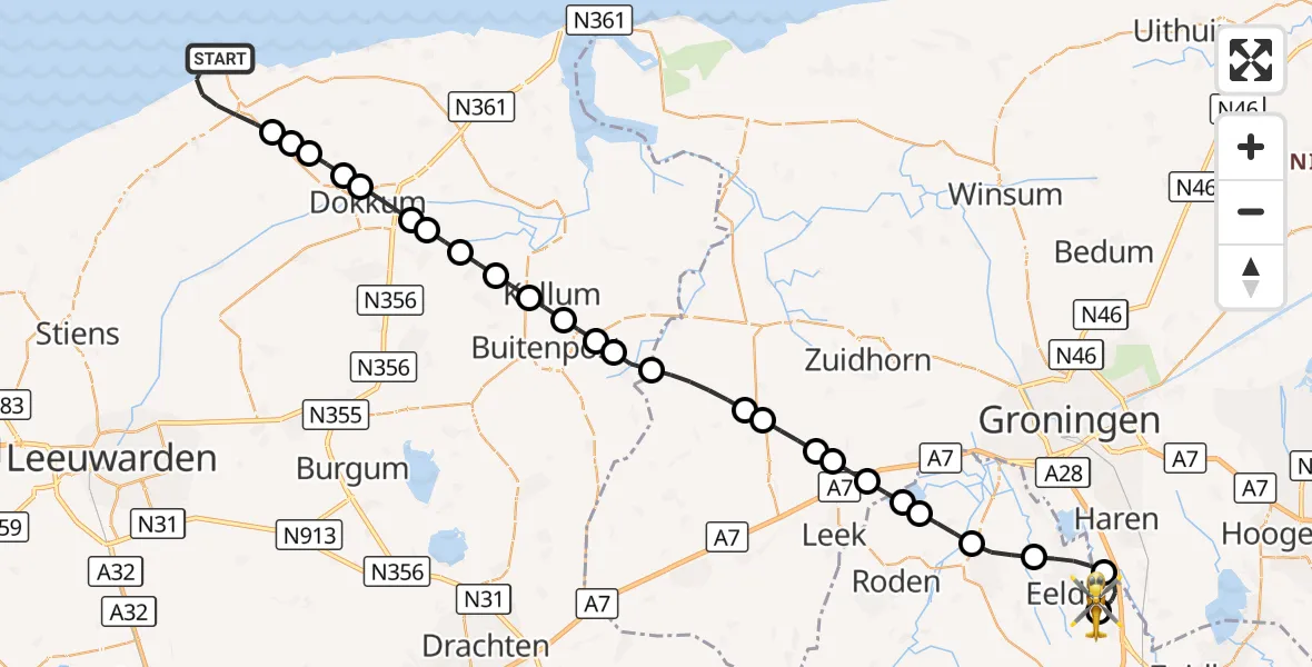 Vluchtroute Traumahelikopter Holwert - Groningen Airport Eelde, 02 september 2026, 18:52