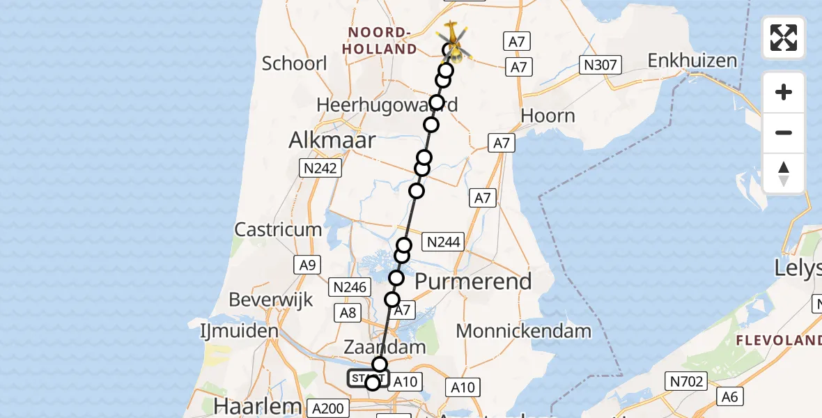 Vluchtroute Traumahelikopter Amsterdam Heliport - Hoogwoud, 02 september 2026, 19:27