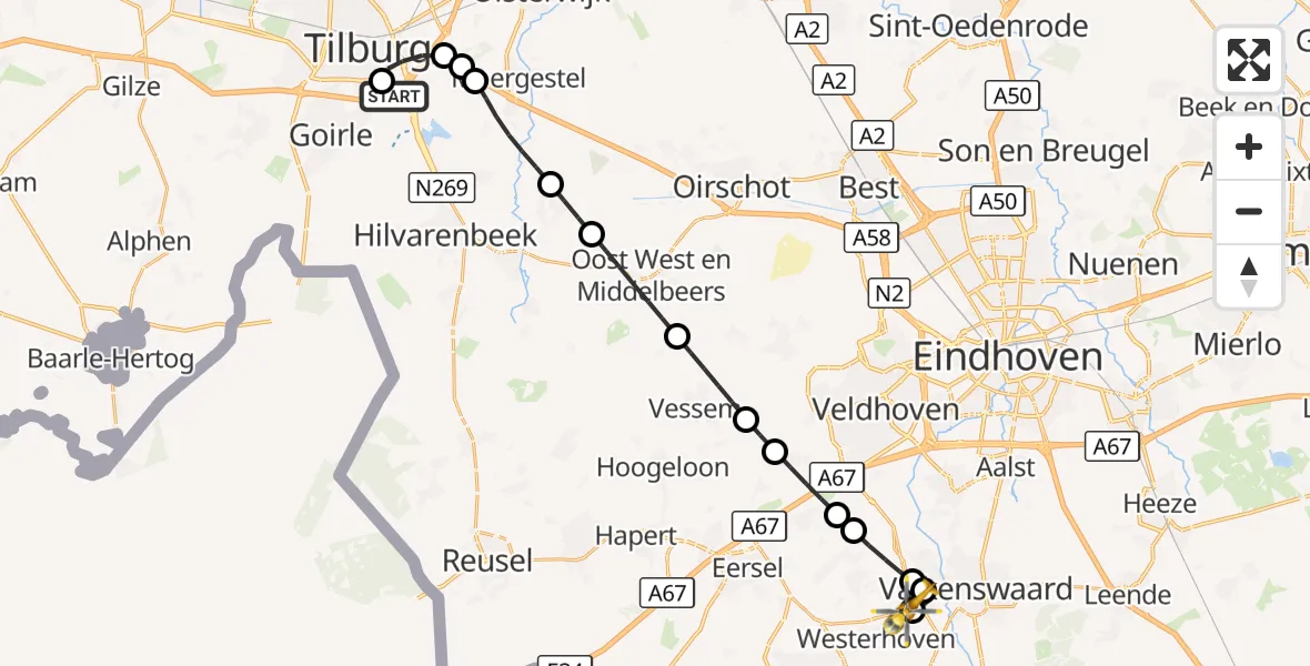 Vluchtroute Traumahelikopter St. Elisabeth Hospital Heliport - Westerhoven, 02 september 2026, 19:49