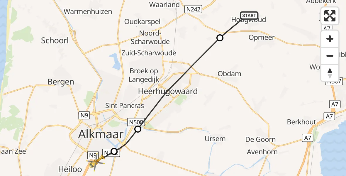 Vluchtroute Traumahelikopter Hoogwoud - Alkmaar, 02 september 2026, 20:08