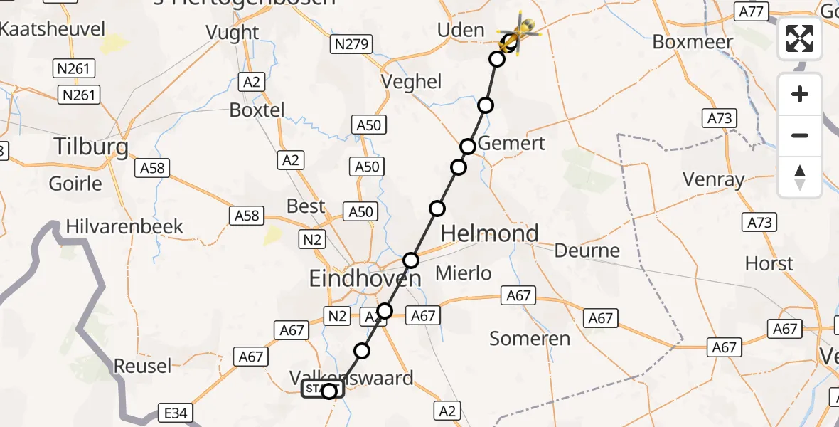 Vluchtroute Traumahelikopter Westerhoven - Vliegbasis Volkel, 02 september 2026, 20:29