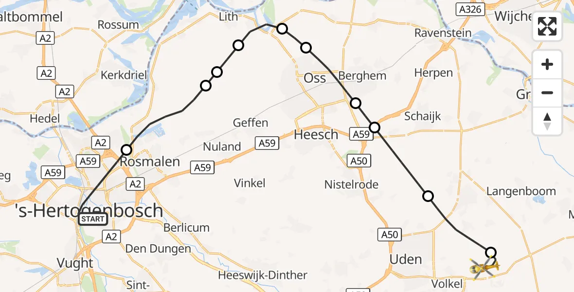 Vluchtroute Traumahelikopter 's-Hertogenbosch - Vliegbasis Volkel, 03 september 2026, 06:45