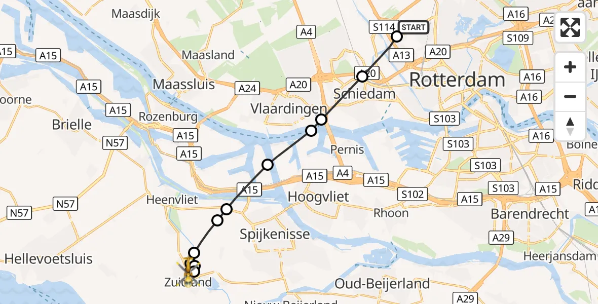 Vluchtroute Traumahelikopter Rotterdam The Hague Airport - Zuidland, 03 september 2026, 07:02