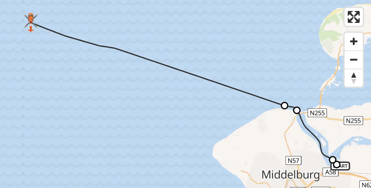 Vluchtroute Kustwachthelikopter Vliegveld Midden-Zeeland - Noordzee, 03 september 2026, 07:05