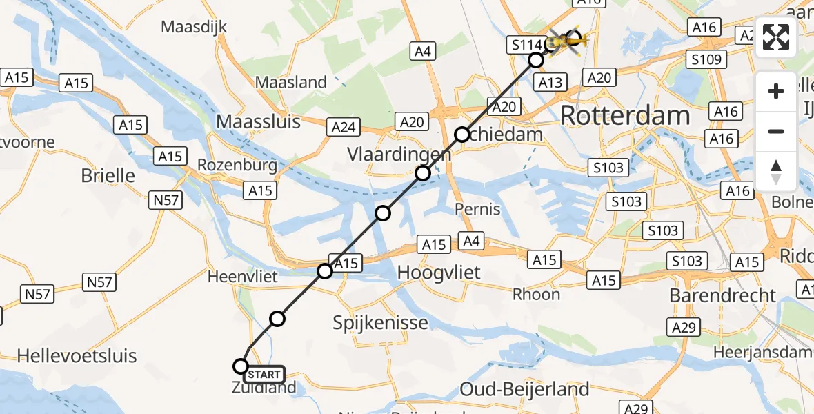 Vluchtroute Traumahelikopter Zuidland - Rotterdam, 03 september 2026, 07:34