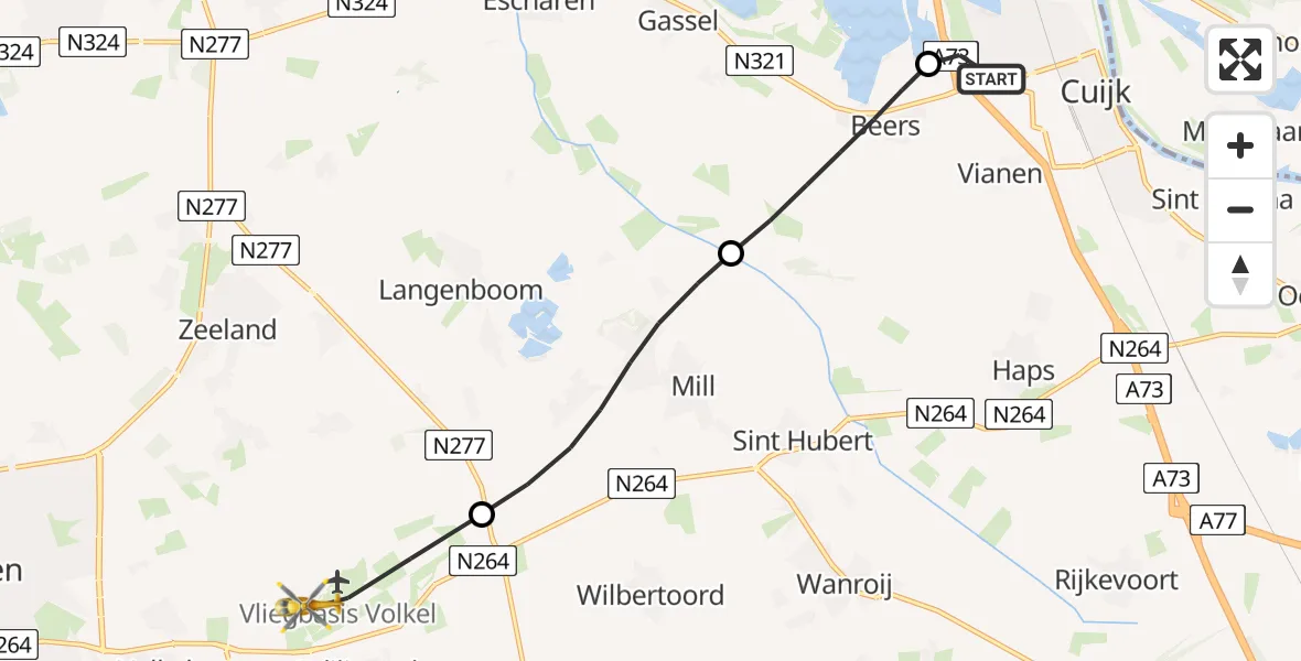 Vluchtroute Traumahelikopter Cuijk - Vliegbasis Volkel, 03 september 2026, 10:10