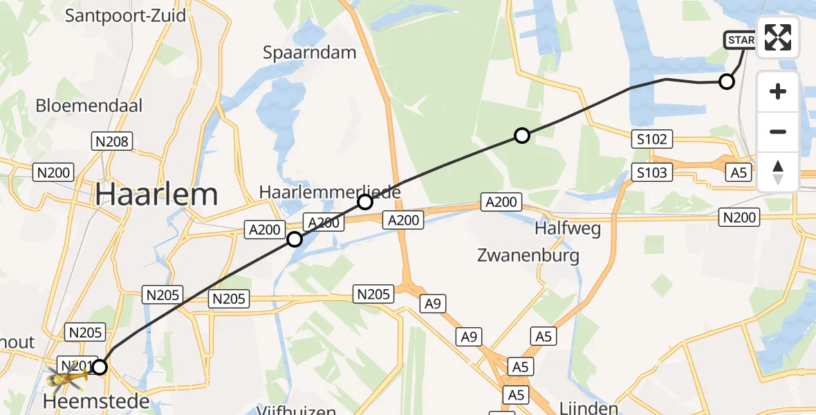 Vluchtroute Traumahelikopter Amsterdam Heliport - Heemstede, 03 september 2026, 10:25