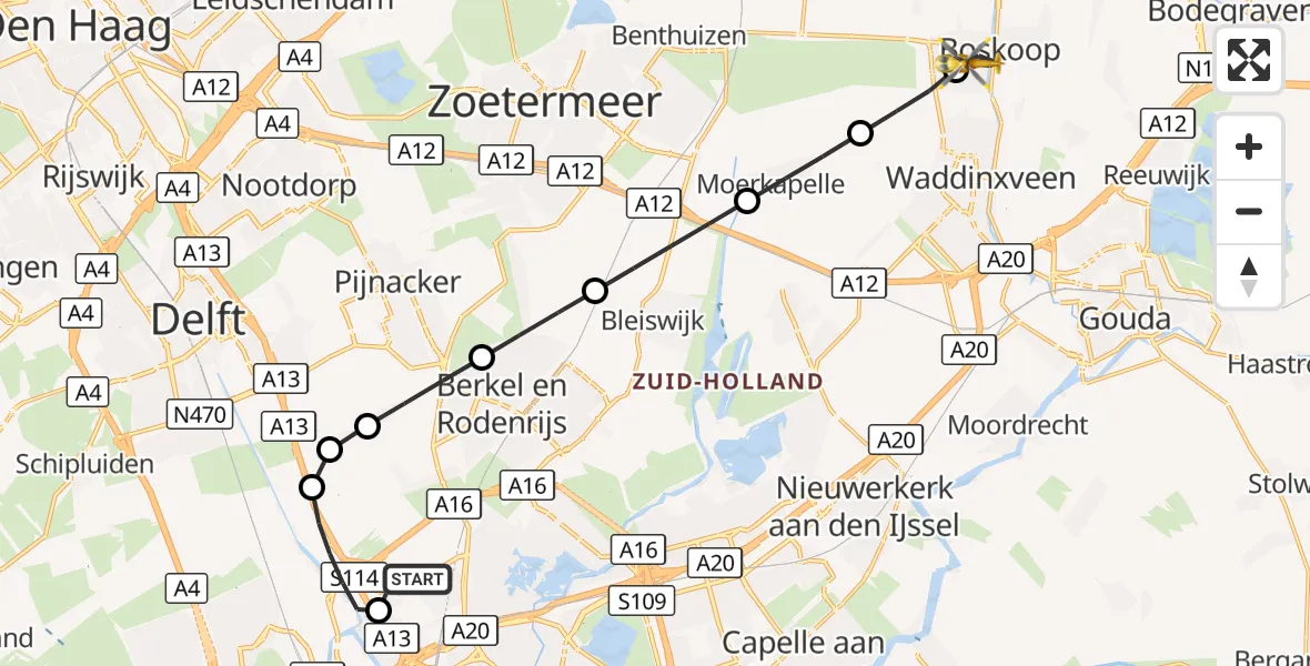 Vluchtroute Traumahelikopter Rotterdam The Hague Airport - Boskoop, 03 september 2026, 12:19