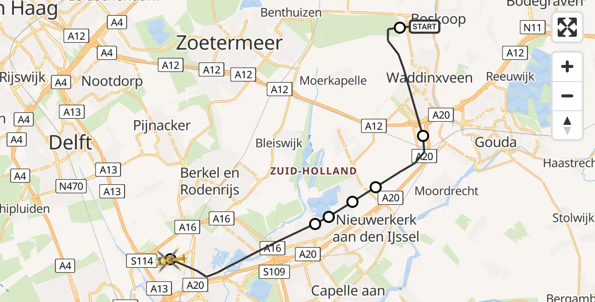 Vluchtroute Traumahelikopter Boskoop - Rotterdam The Hague Airport, 03 september 2026, 12:53