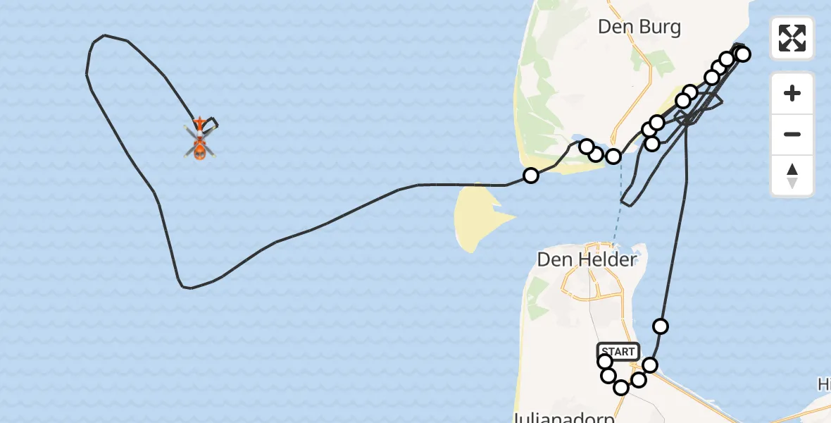 Vluchtroute Kustwachthelikopter Militair vliegveld De Kooy / Den Helder Airport - Noordzee, 03 september 2026, 17:40