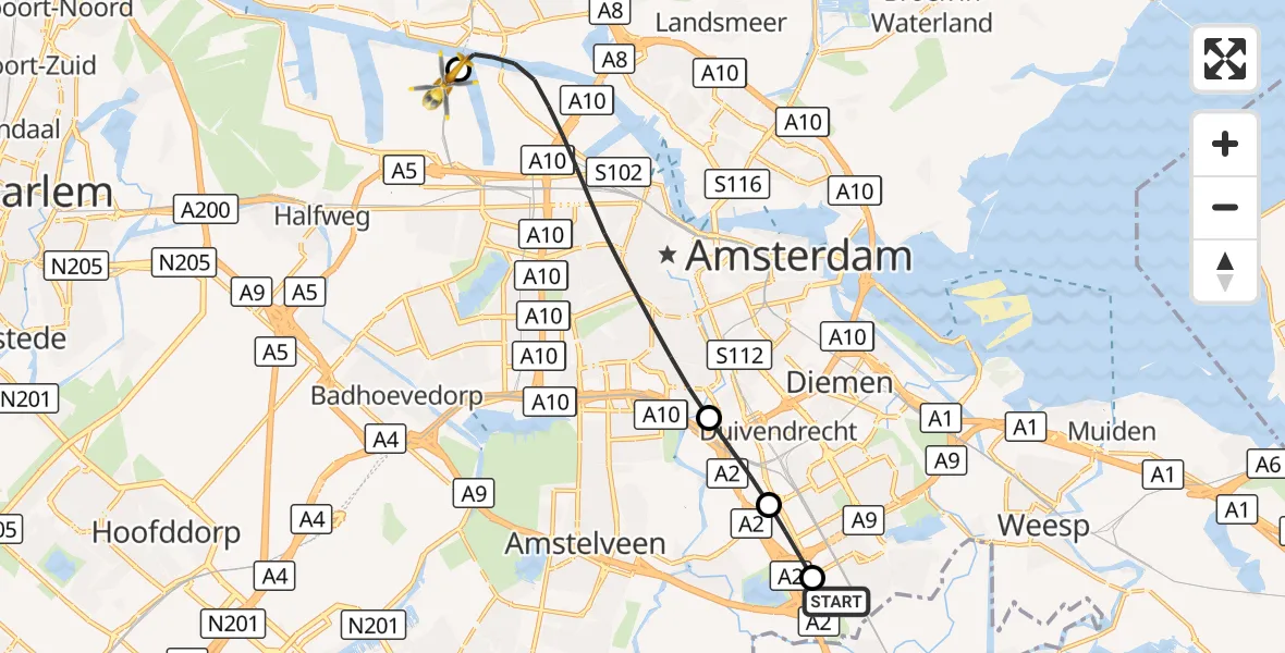 Vluchtroute Traumahelikopter Amsterdam UMC Helipad - Amsterdam Heliport, 03 september 2026, 18:48
