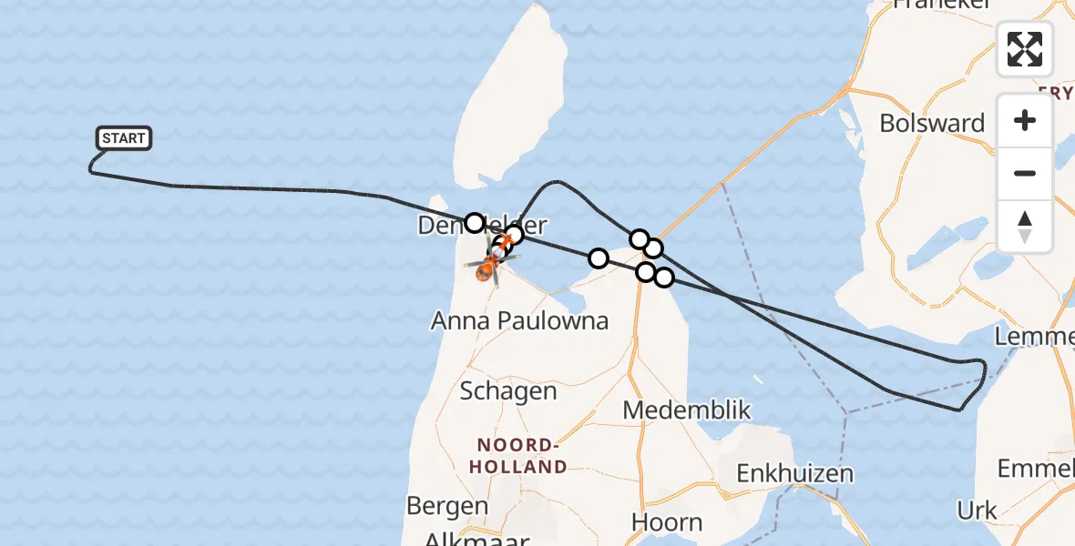 Vluchtroute Kustwachthelikopter Noordzee - Militair vliegveld De Kooy / Den Helder Airport, 03 september 2026, 19:06