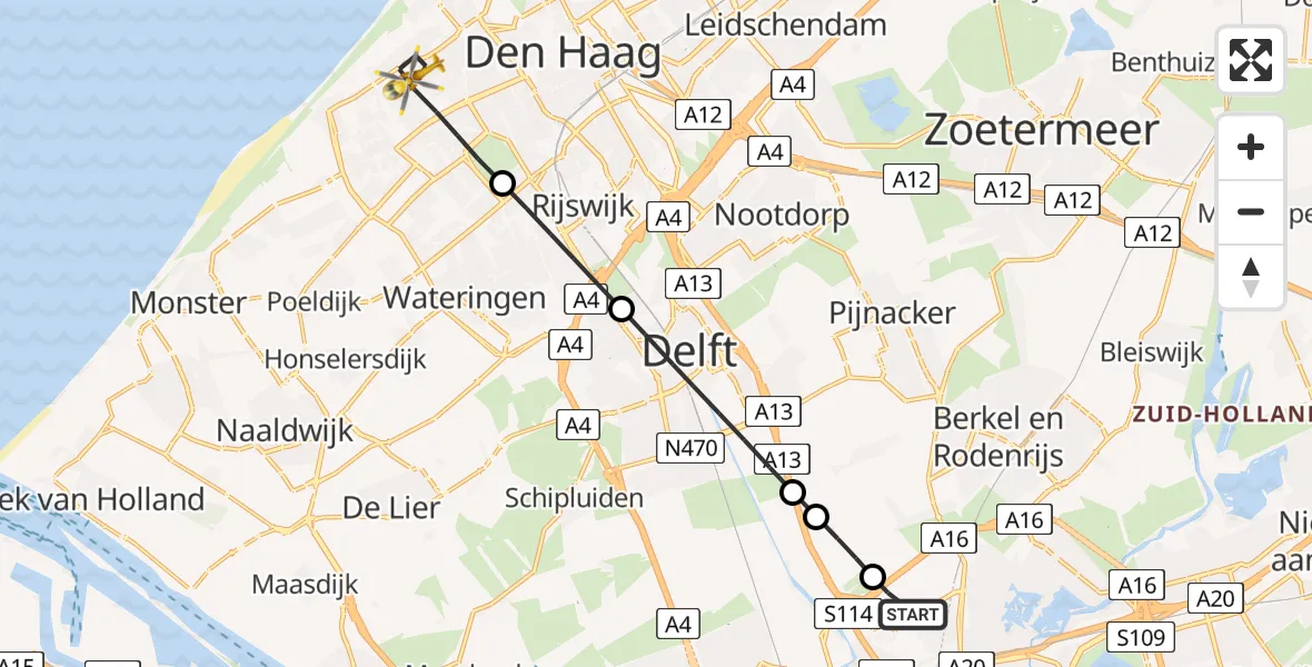 Vluchtroute Traumahelikopter Rotterdam The Hague Airport - 's-Gravenhage, 04 september 2026, 05:36
