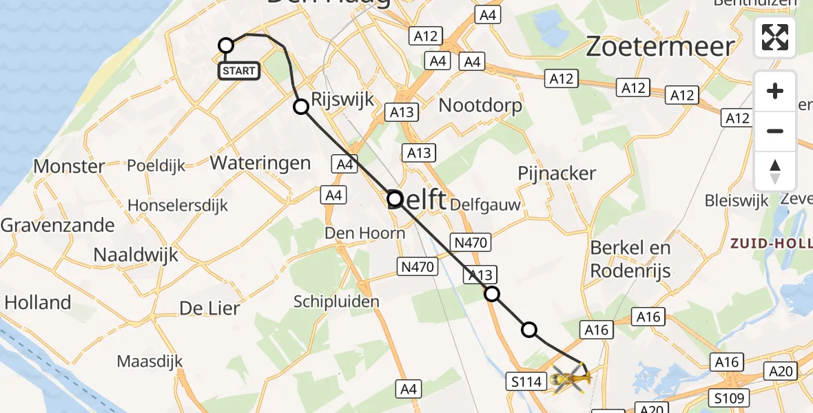 Vluchtroute Traumahelikopter HagaZiekenhuis Den Haag Heliport - Rotterdam, 04 september 2026, 06:38