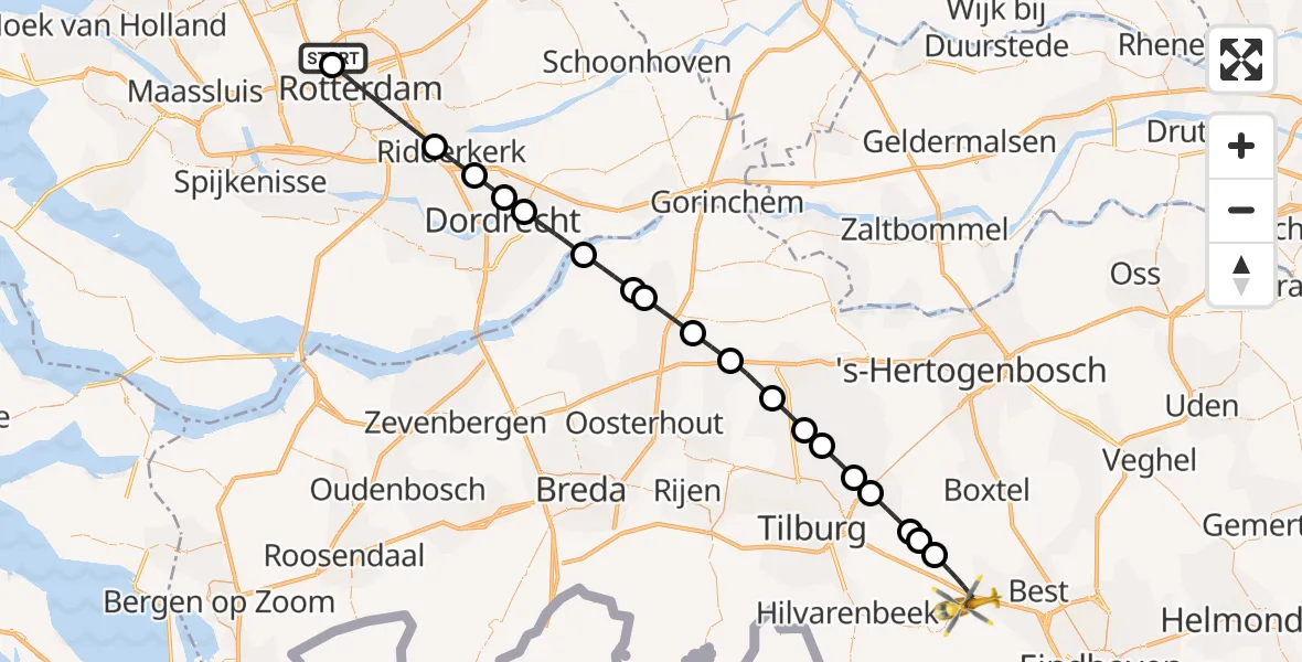 Vluchtroute Traumahelikopter Rotterdam The Hague Airport - Oirschot, 04 september 2026, 10:03