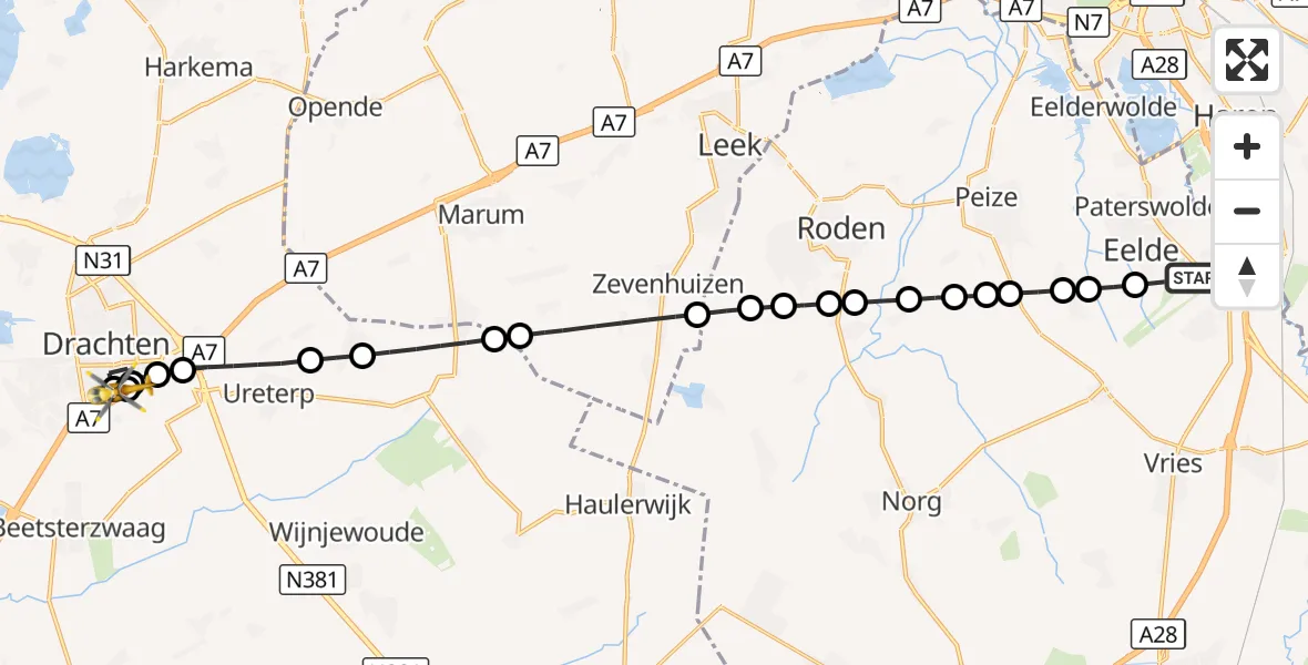 Vluchtroute Traumahelikopter Groningen Airport Eelde - Drachten, 04 september 2026, 10:22