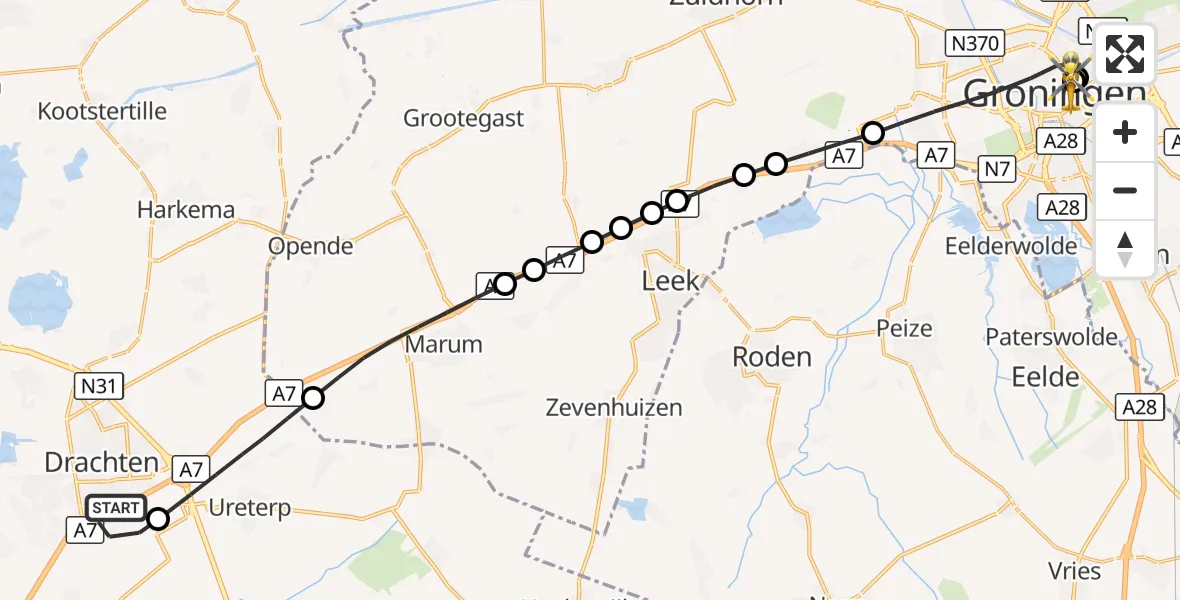 Vluchtroute Traumahelikopter Drachten - Universitair Medisch Centrum Groningen, 04 september 2026, 10:56