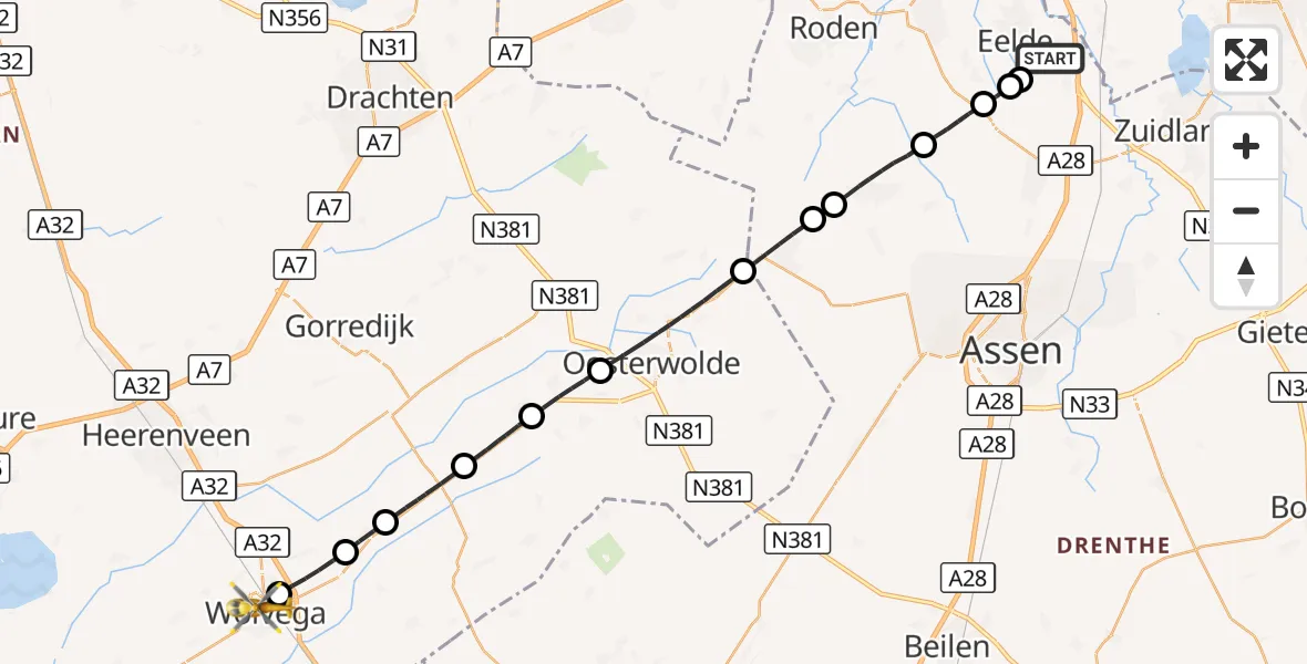 Vluchtroute Traumahelikopter Groningen Airport Eelde - Wolvega, 04 september 2026, 11:47