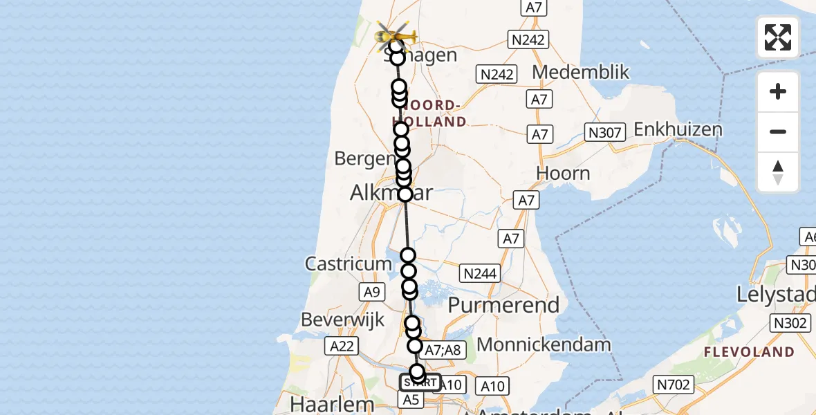 Vluchtroute Traumahelikopter Amsterdam Heliport - Schagerbrug, 04 september 2026, 12:24