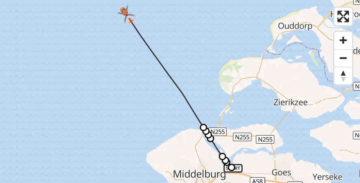 Vluchtroute Kustwachthelikopter Vliegveld Midden-Zeeland - Noordzee, 04 september 2026, 12:57