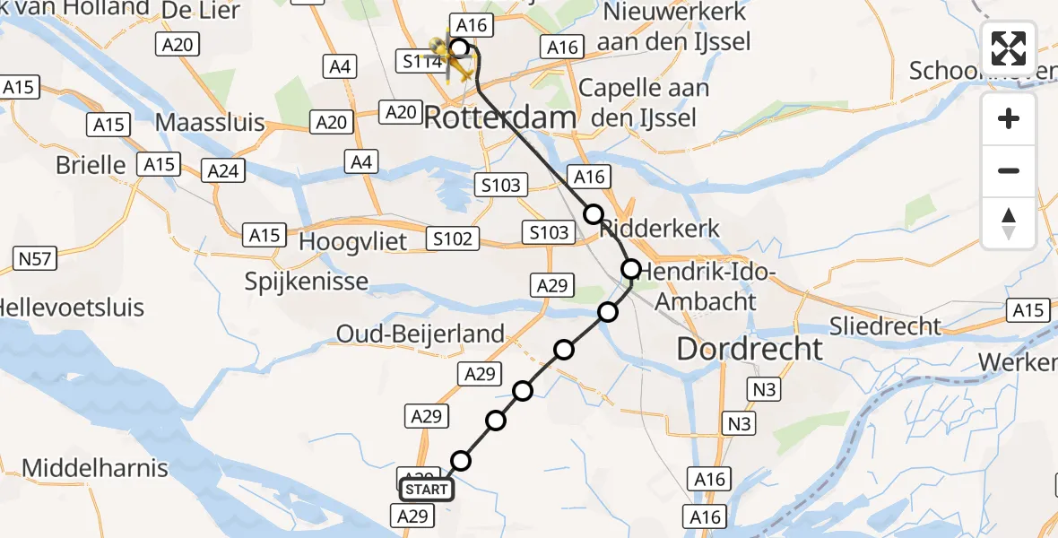 Vluchtroute Traumahelikopter Numansdorp - Rotterdam The Hague Airport, 04 september 2026, 13:13