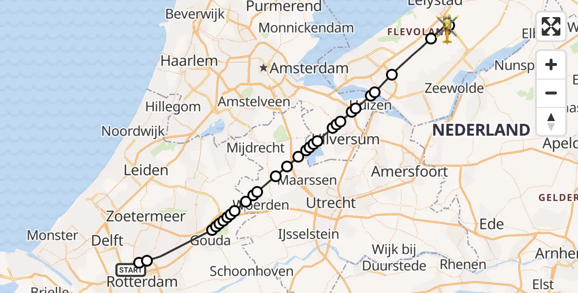 Vluchtroute Traumahelikopter Rotterdam The Hague Airport - Lelystad Airport, 04 september 2026, 13:50