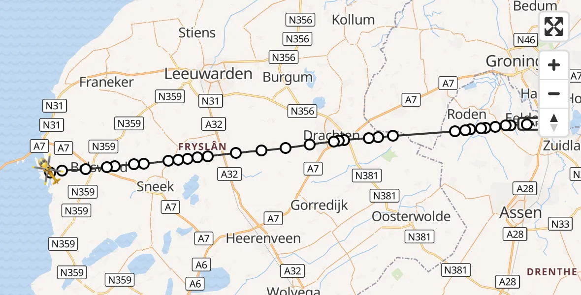 Vluchtroute Traumahelikopter Groningen Airport Eelde - Feadship Makkum Heliport, 04 september 2026, 13:50