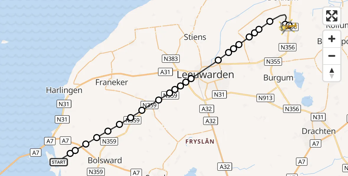 Vluchtroute Traumahelikopter Makkum - Damwâld, 04 september 2026, 14:51