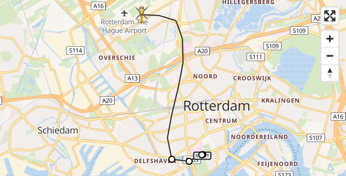 Vluchtroute Traumahelikopter Erasmus MC - Rotterdam The Hague Airport, 04 september 2026, 17:45