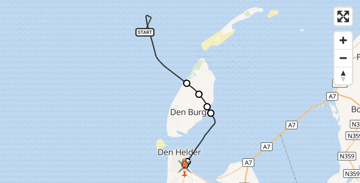 Vluchtroute Kustwachthelikopter Noordzee - Militair vliegveld De Kooy / Den Helder Airport, 04 september 2026, 18:58