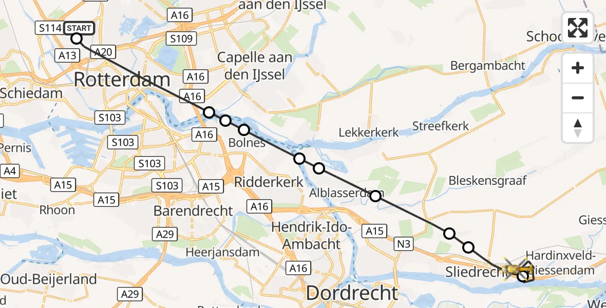 Vluchtroute Traumahelikopter Rotterdam The Hague Airport - Hardinxveld-Giessendam, 04 september 2026, 21:06