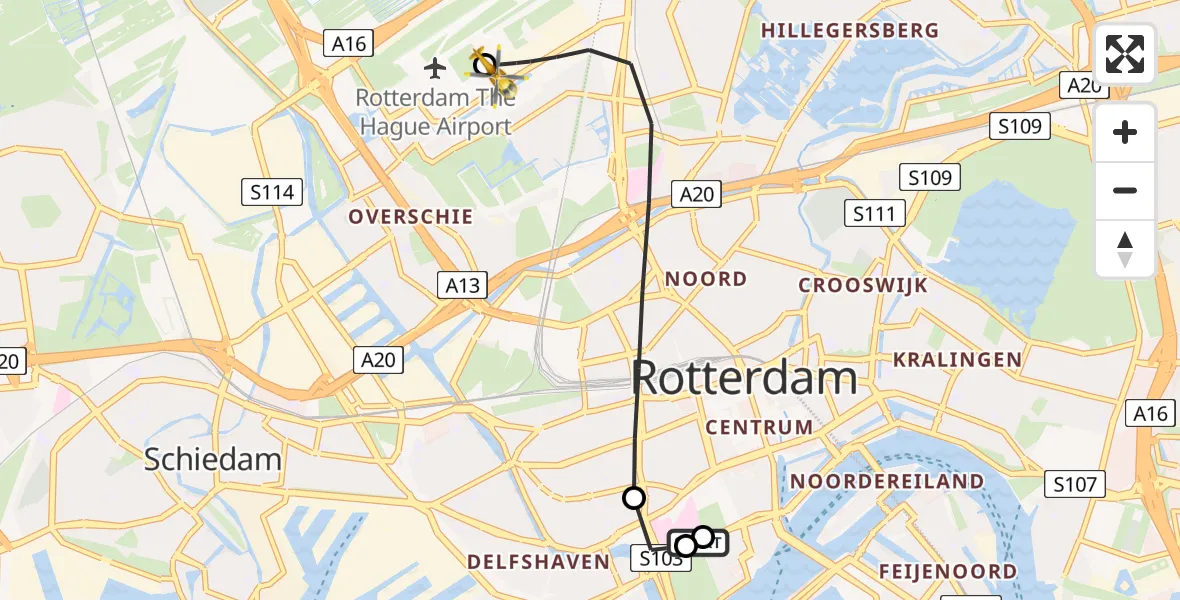 Vluchtroute Traumahelikopter Erasmus MC - Rotterdam The Hague Airport, 04 september 2026, 22:12