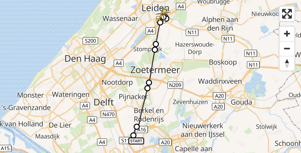 Vluchtroute Traumahelikopter Rotterdam The Hague Airport - Leiden, 04 september 2026, 22:31