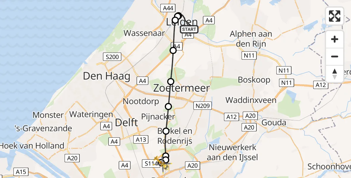 Vluchtroute Traumahelikopter Leiden - Rotterdam The Hague Airport, 04 september 2026, 23:03