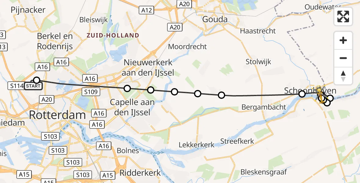 Vluchtroute Traumahelikopter Rotterdam The Hague Airport - Schoonhoven, 05 september 2026, 00:14