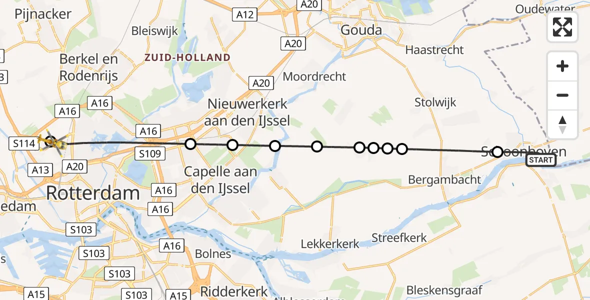 Vluchtroute Traumahelikopter Schoonhoven - Rotterdam The Hague Airport, 05 september 2026, 00:37