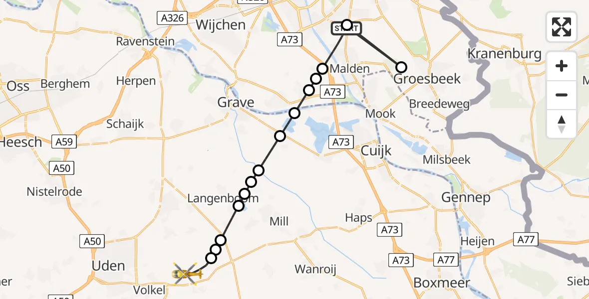 Vluchtroute Traumahelikopter Malden - Vliegbasis Volkel, 05 september 2026, 01:01