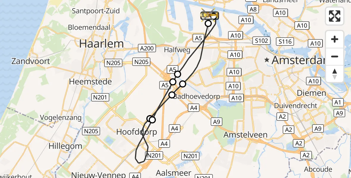 Vluchtroute Traumahelikopter Amsterdam Heliport - Amsterdam Heliport, 05 september 2026, 08:06