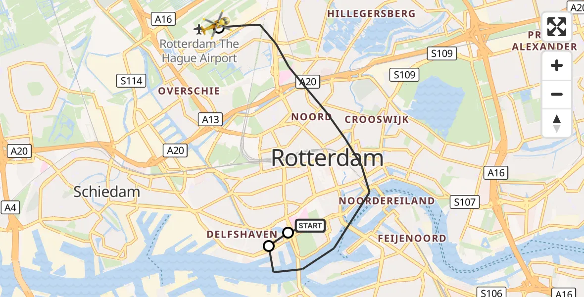 Vluchtroute Traumahelikopter Erasmus MC - Rotterdam The Hague Airport, 05 september 2026, 09:34