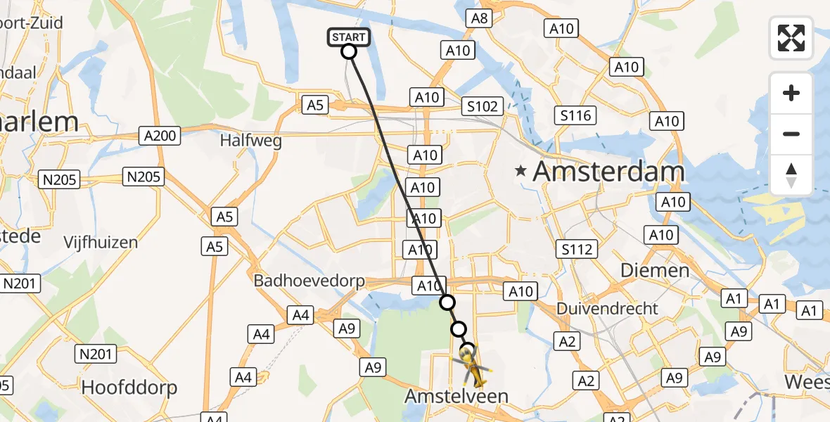 Vluchtroute Traumahelikopter Amsterdam Heliport - Amstelveen, 05 september 2026, 10:51