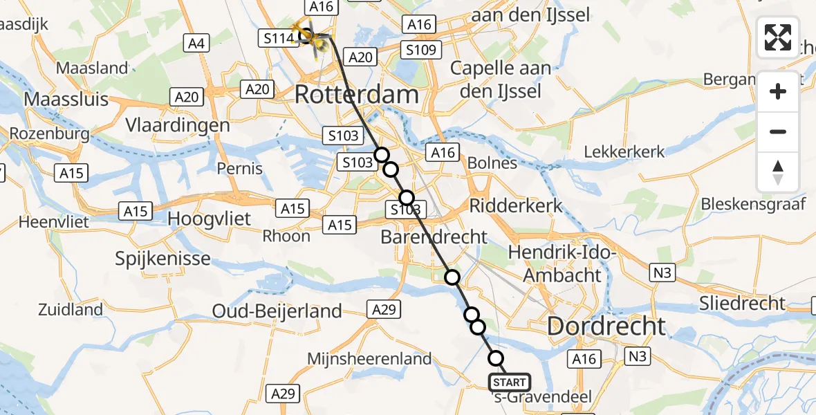 Vluchtroute Traumahelikopter 's-Gravendeel - Rotterdam The Hague Airport, 05 september 2026, 11:10