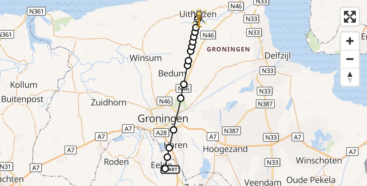 Vluchtroute Traumahelikopter Groningen Airport Eelde - Uithuizen, 05 september 2026, 11:42