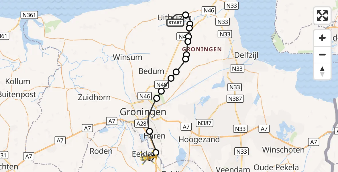 Vluchtroute Traumahelikopter Uithuizen - Groningen Airport Eelde, 05 september 2026, 12:05