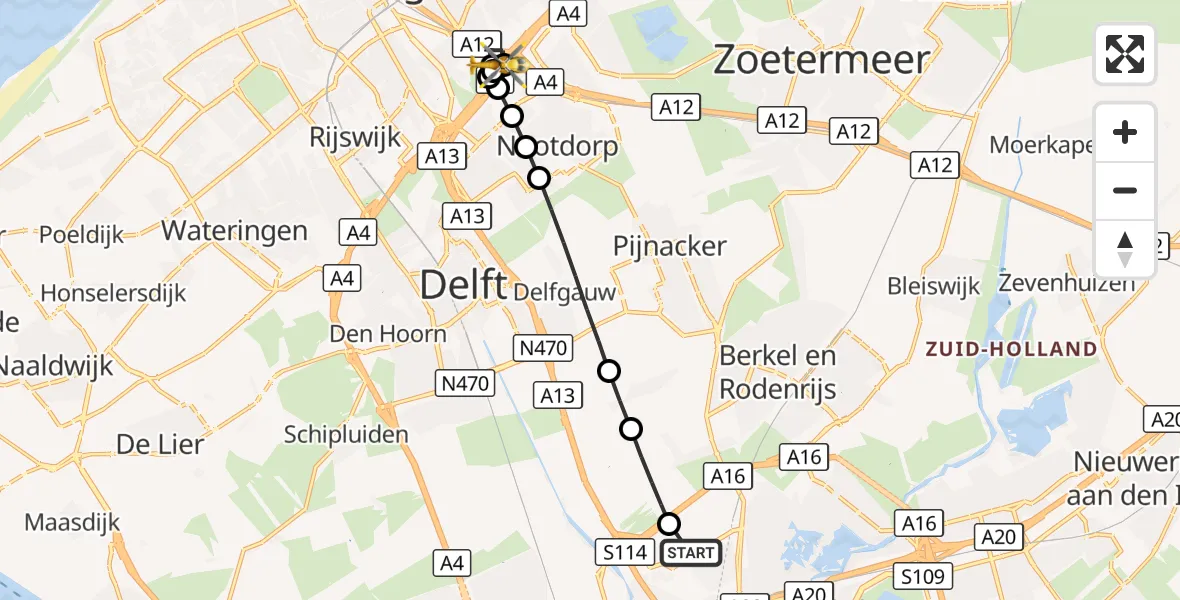 Vluchtroute Traumahelikopter Rotterdam The Hague Airport - Gavi-Kavel Heliport, 05 september 2026, 14:47