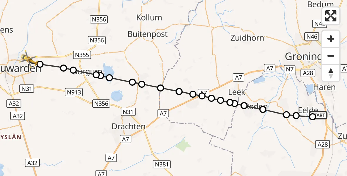 Vluchtroute Traumahelikopter Groningen Airport Eelde - Leeuwarden, 05 september 2026, 15:26