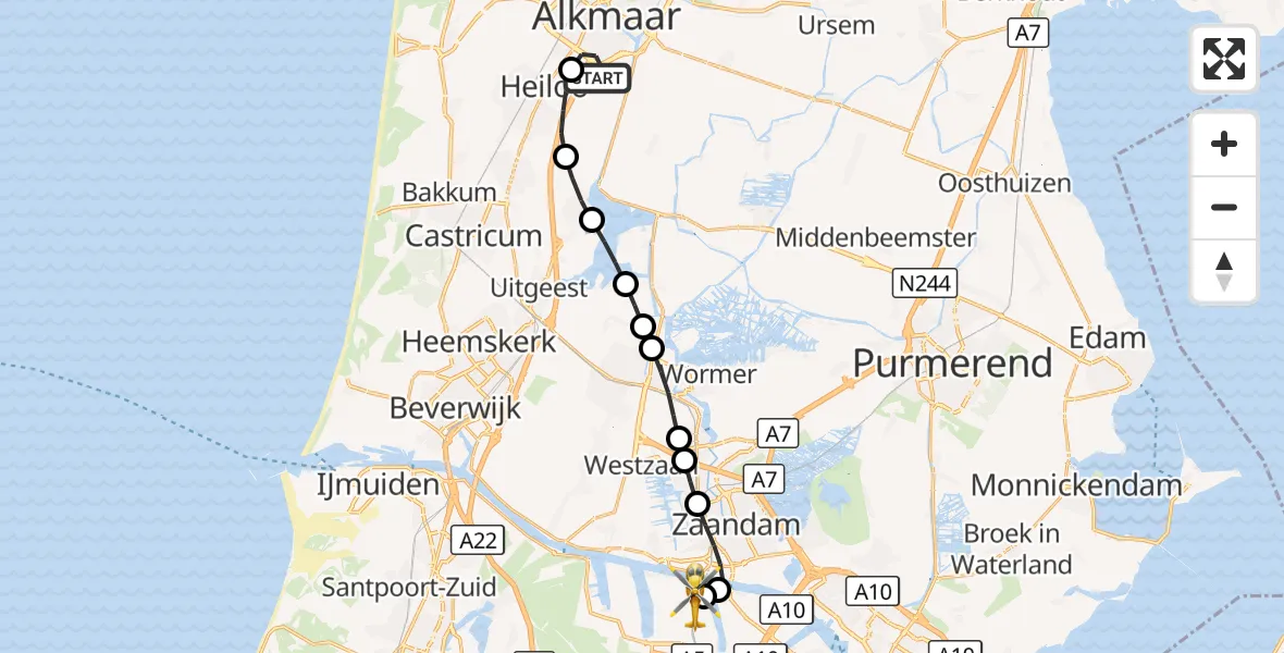 Vluchtroute Traumahelikopter Alkmaar - Amsterdam Heliport, 05 september 2026, 19:25