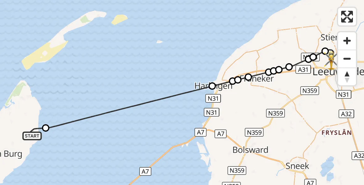 Vluchtroute Ambulancehelikopter Oosterend - Vliegbasis Leeuwarden, 05 september 2026, 19:30